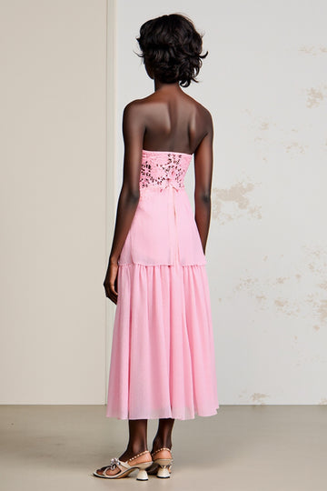 Strapless Pink Lace A Line Wedding Guest Dress